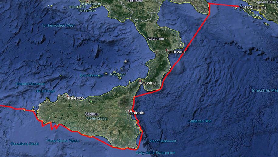Unsere Route südlich von Sizilien und anschliessend Sizilien bis Apulien.